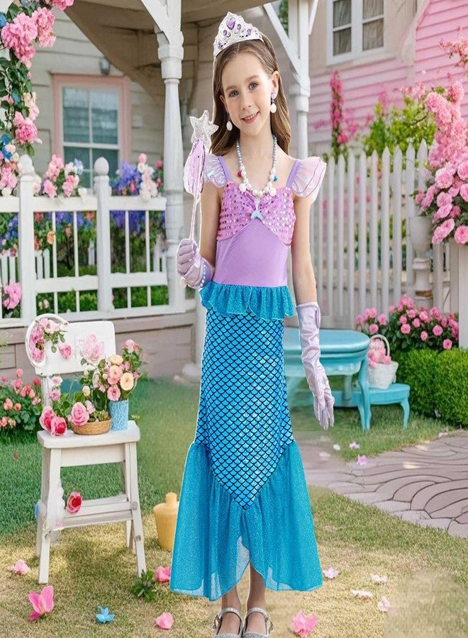 Luzlen Little Girls Mermaid Princess Costume Party Dress for Toddler Kids Baby Halloween Cosplay Dress Up with Accessories, Blue, 7-8 Years(Tag 150) - Image 4